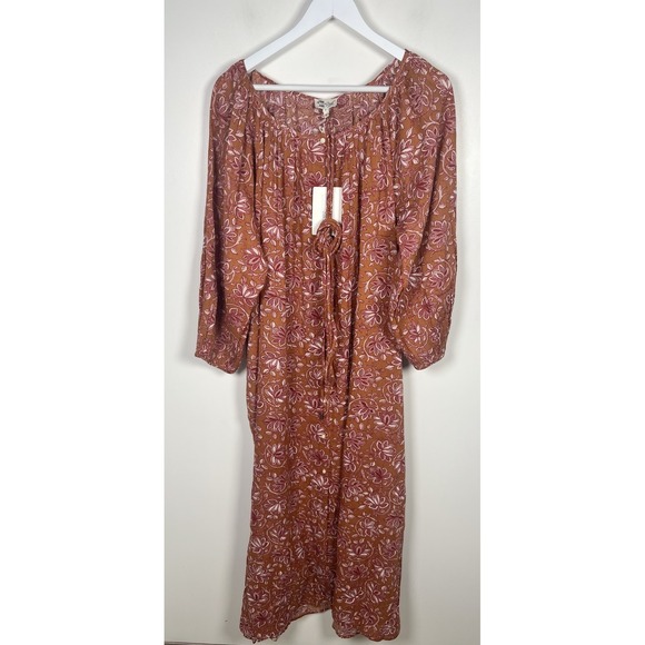 THE GREAT Medium Shoreline Coverup Floral Tan Tie-Waist Cottagecore MIDI Dress - Picture 6 of 16